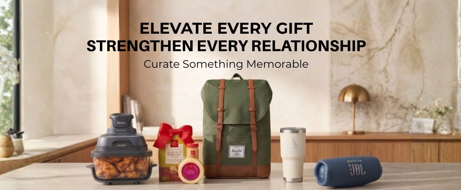Premium corporate gifts featuring Herschel, YETI, JBL, Ninja and gourmet food gifts