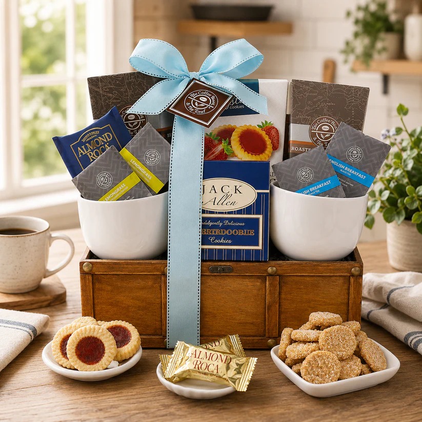 Gourmet food gifts with coffee, tea, cookies and sweet treats