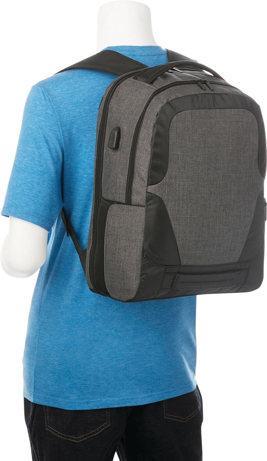 Custom 17" TSA Laptop Backpack with USB Overland | Gray | branded promotional merch with logo for bulk corporate gifts Custom 17" TSA Laptop Backpack with USB Overland | Gray | branded promotional merch with logo for bulk corporate gifts