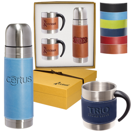 Faux Leather Wrapped Stainless Thermos and Mug Gift Set