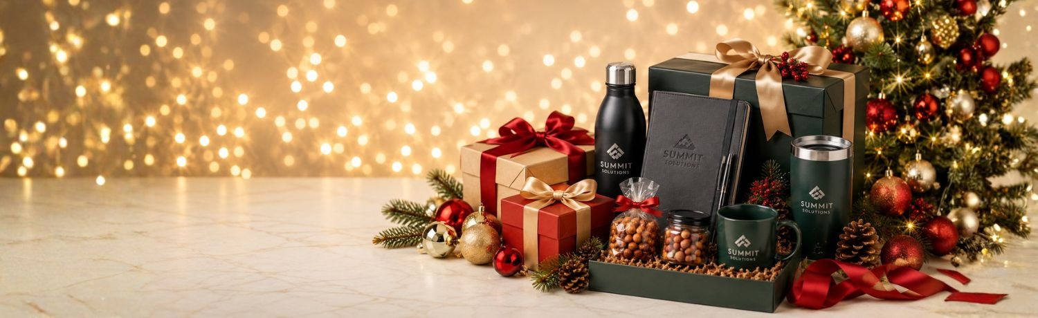 Corporate Christmas gifts with branded drinkware, gourmet treats and holiday gift boxes