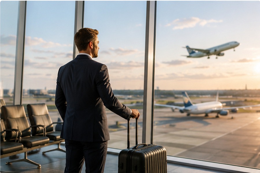 Business traveler with luggage at an airport