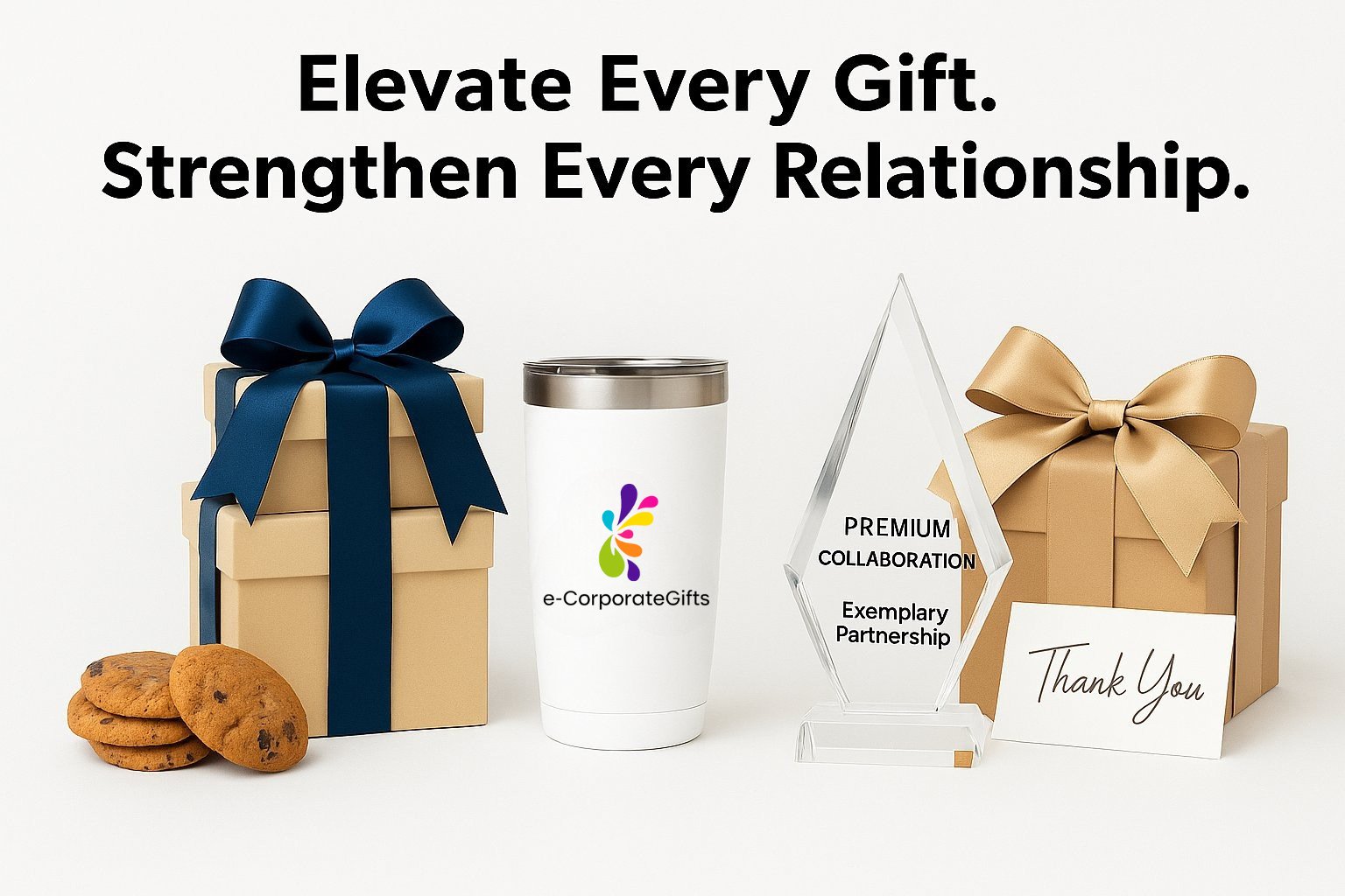 Branded corporate gifts including award, tumbler, and thank you card