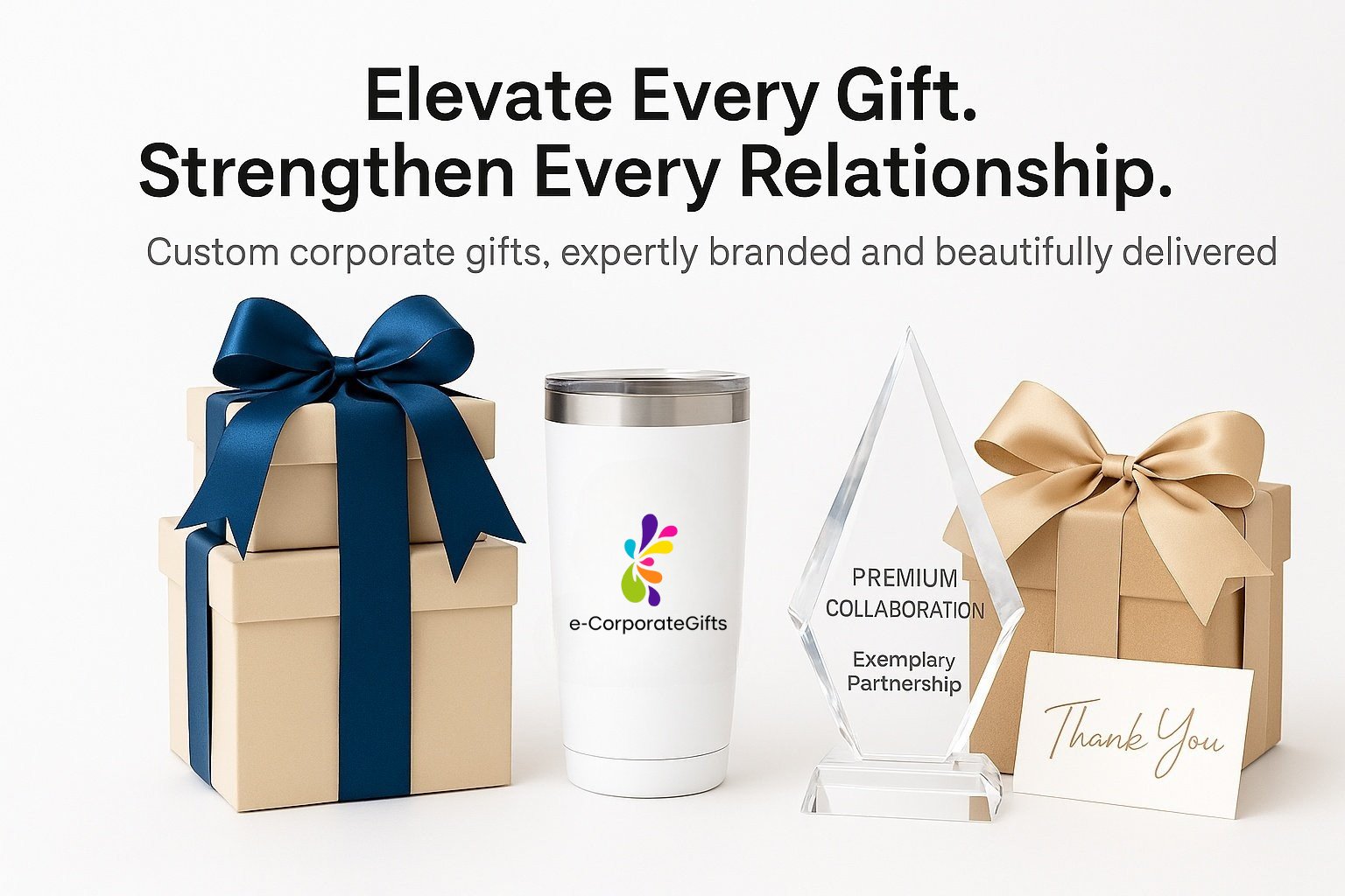 Branded corporate gifts including award, tumbler, and thank you card