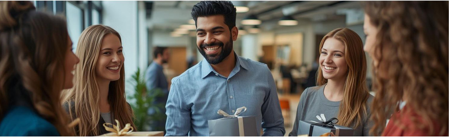 Employees smiling and receiving appreciation gifts in a modern office setting