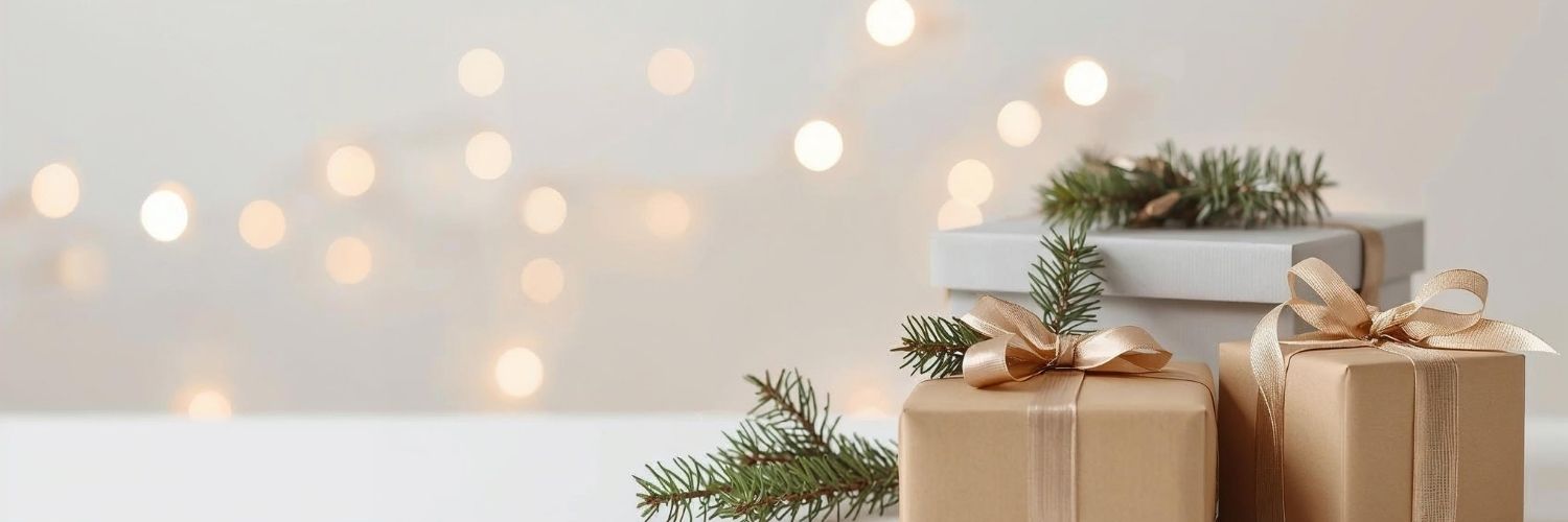 Neutral holiday gift boxes with evergreen sprigs on a soft bokeh background