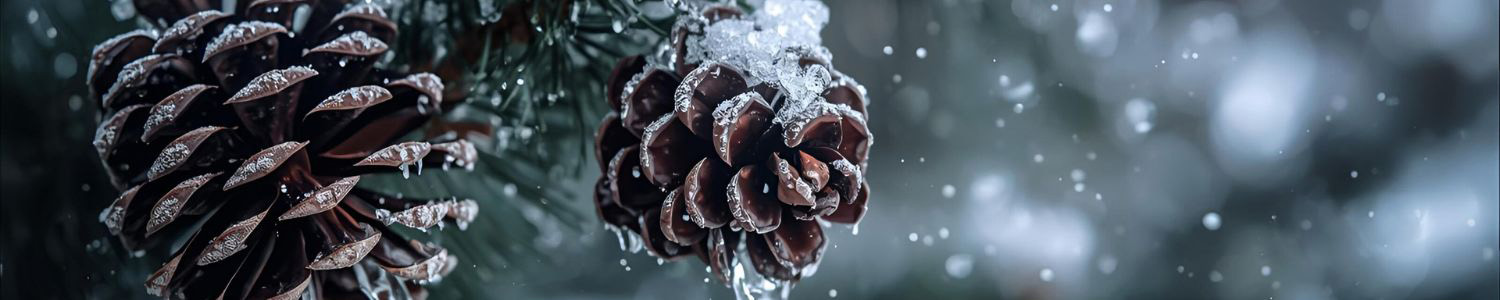 Snow-dusted pinecones with soft winter bokeh, festive neutral background for holiday corporate gifts