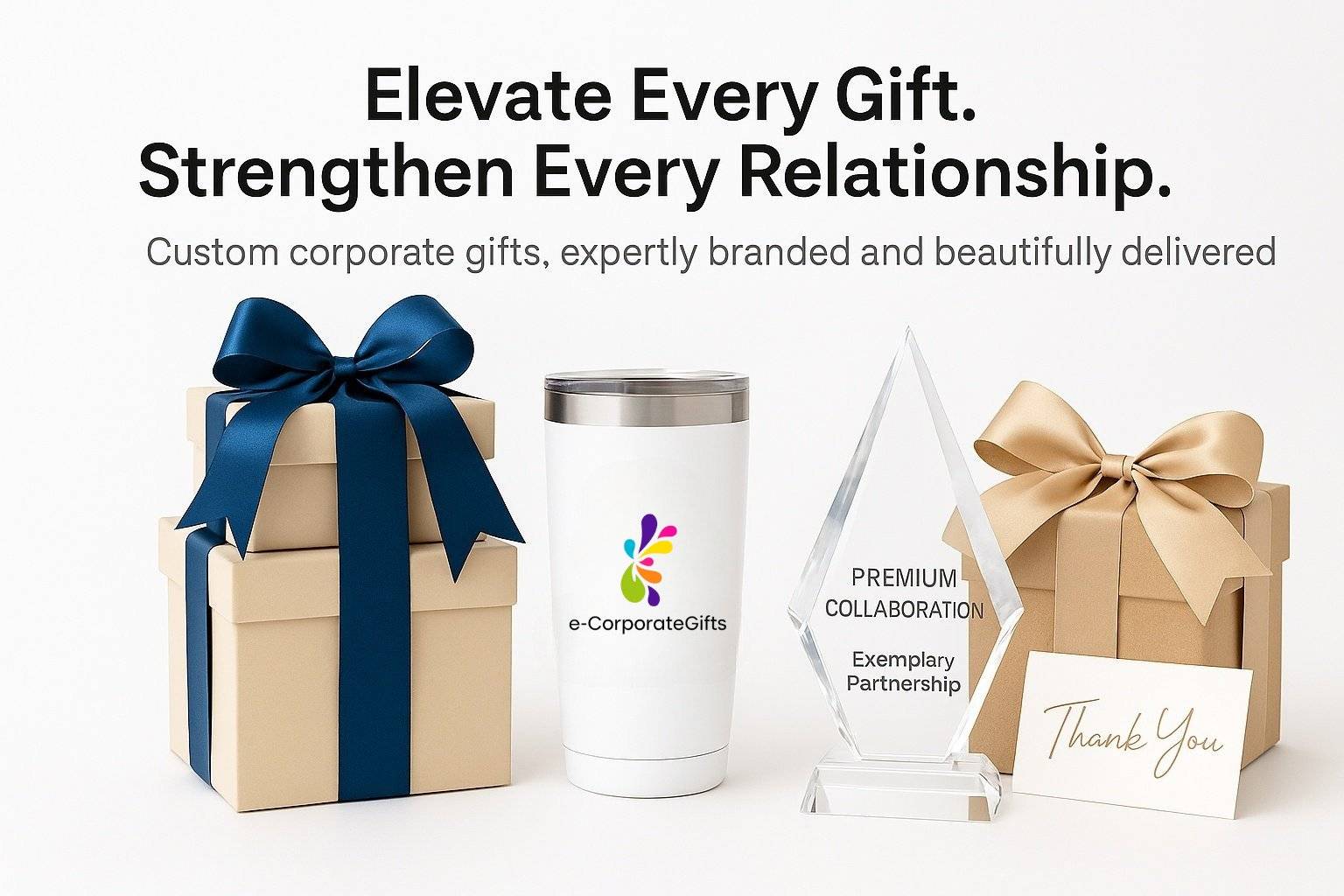 Branded corporate gifts including award, tumbler, and thank you card