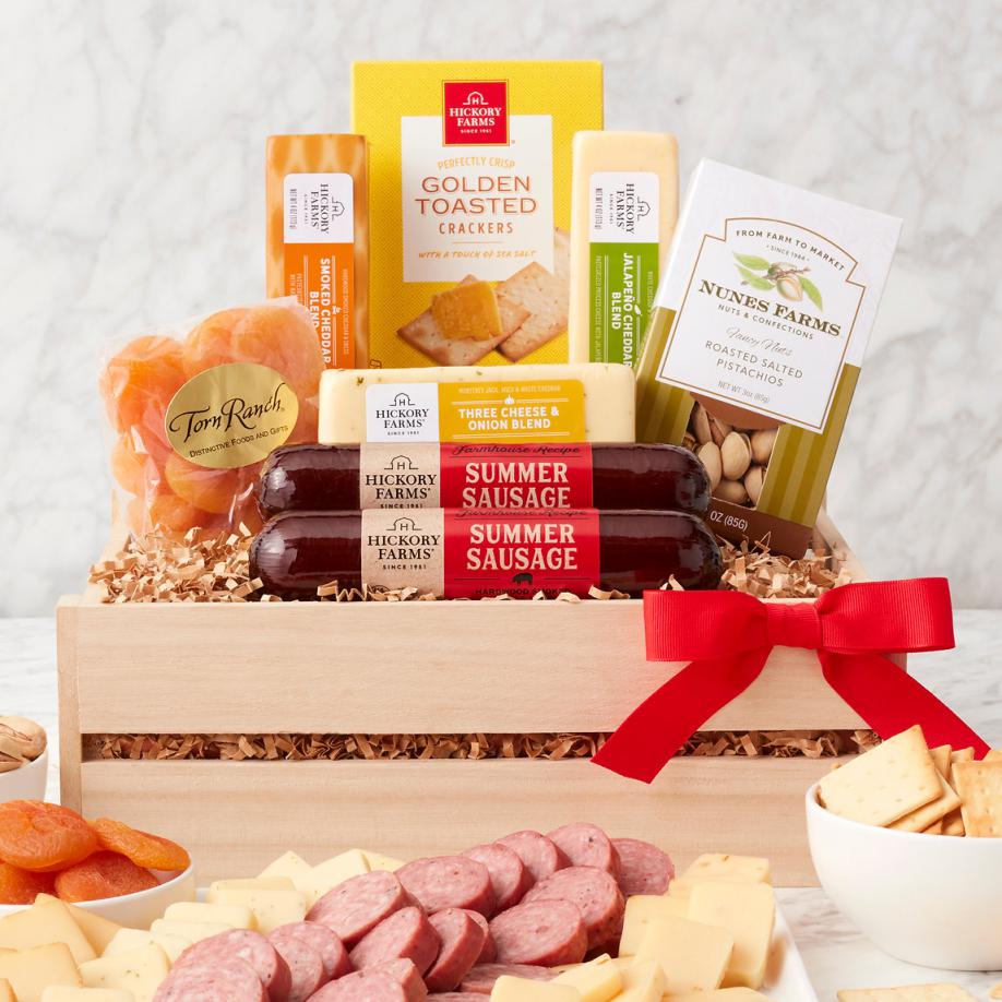 Hearty Salami, Cheese, Nuts, and Dried Fruit in Wooden Gift Crate