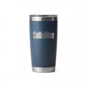Laser engraved company logo on YETI Rambler 20 oz Tumbler in navy